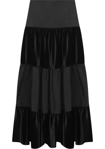 Kadife ve Tafta Maxı Boy Büzgülü Etek Siyah k2335006_001 indirimleri