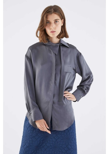 %100 İpek Yaka Detaylı Gömlek Antrasit K2213557_046