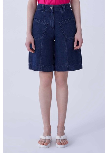 Cep Detaylı Denim Kadın Bermuda Lacivert Y2153905_015
