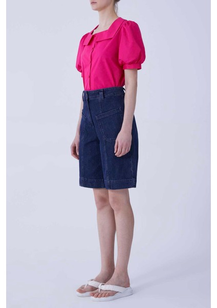 Cep Detaylı Denim Kadın Bermuda Lacivert Y2153905_015