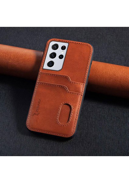 Samsung Galaxy S22 Ultra Kılıf Zebana Kartlıklı Lüx Deri Kılıf Kahverengi