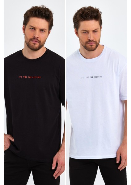 Erkek Baskılı Basic Oversize Bisiklet Yaka 2'li Pamuklu T-Shirt