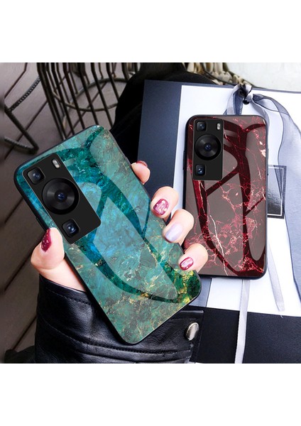 Huawei P60 / P60 Pro Marble Desen Telefon Kapağı Temperli Cam+Pc+Tpu Anti-Drop Anti Kılıf (Yurt Dışından)