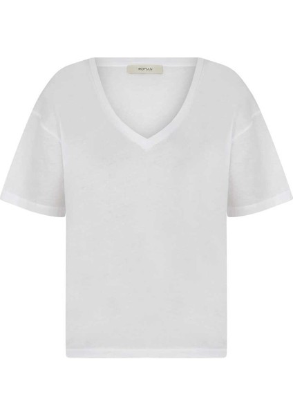 V Yakalı Kadın Tişört Beyaz Y2259104_002