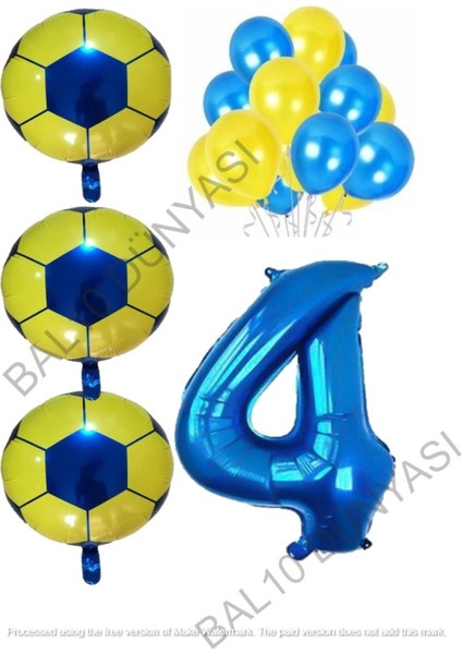 Sarı Lacivert Futbol Topu Folyo ve Latex Balon Rakam Seti Yaş 4