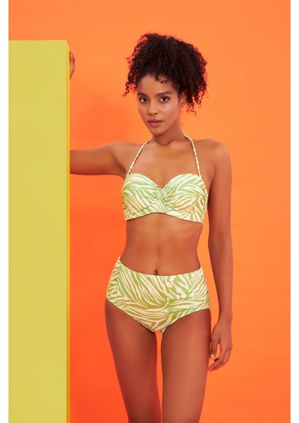 Yeşil Zebra Desen Straplez Tek Üst Bikini