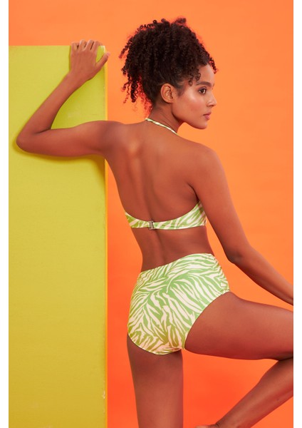 Yeşil Zebra Desen Straplez Tek Üst Bikini