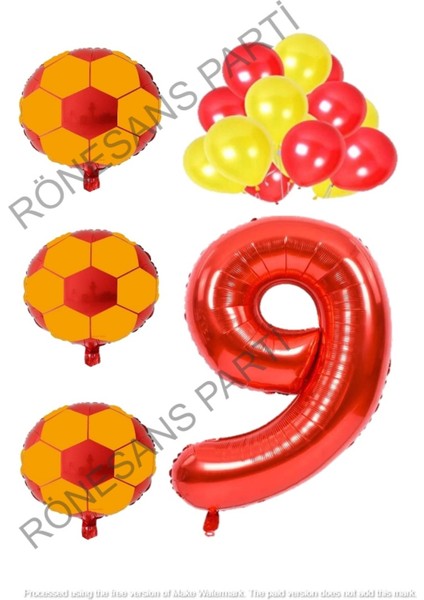 Sarı Kırmızı Futbol Topu Folyo ve Latex Balon Rakam Seti Yaş 9