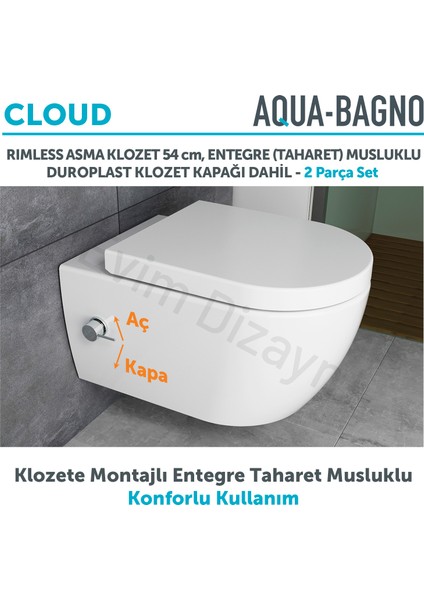 Aqua Bagno Cloud Asma Klozet 54 cm , Entegre Bataryalı Soğuk Su Girişli, Beyaz ,kapak Dahil-2 Parça