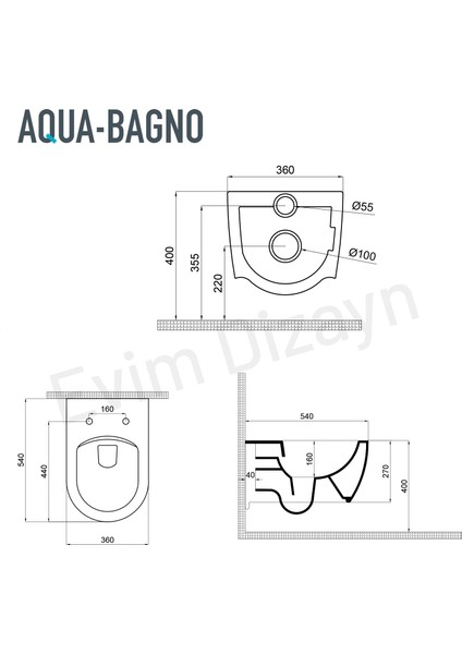 Aqua Bagno Cloud Asma Klozet 54 cm , Entegre Bataryalı Soğuk Su Girişli, Beyaz ,kapak Dahil-2 Parça