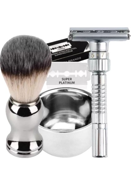 Shave Q8 Full Metal Manuel Tıraş Makinesi + F10 Fırça + Kase + 5 Adet Platinum Yaprak Jilet