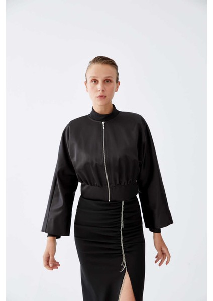Beli Lastikli Bomber Kadın Ceket Siyah K2216504_001