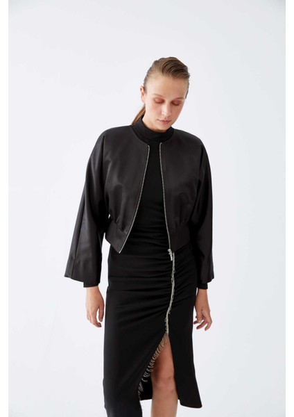 Beli Lastikli Bomber Kadın Ceket Siyah K2216504_001 modelleri