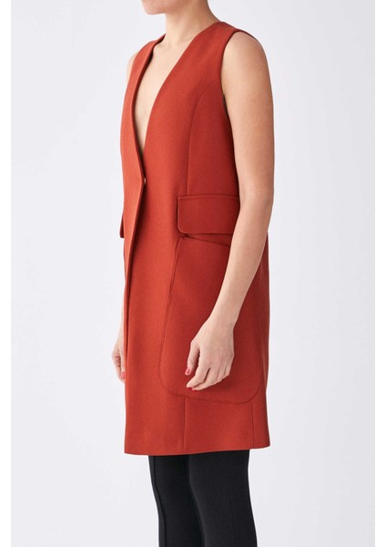 Cep Detaylı Uzun Rengi Kadın Yelek Kiremit K1917009_016