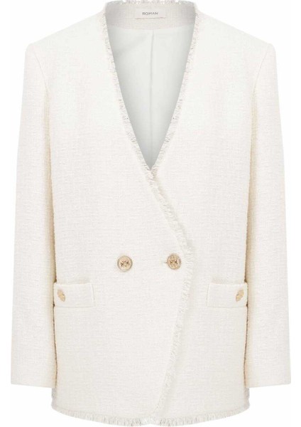 Altın Düğmeli Kruvaze Tüvit Ceket Kemik Y2316023_019