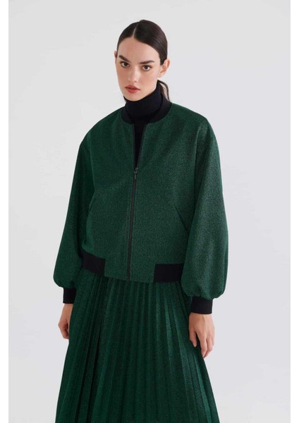 Fermuarlı Bomber Kadın Mont Yeşil K2317522_012