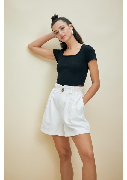 Fitted U Yaka Basic Kısa Kollu Crop Tişört A0387AX23SP