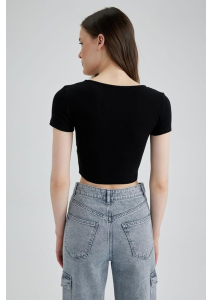 Fitted U Yaka Basic Kısa Kollu Crop Tişört A0387AX23SP