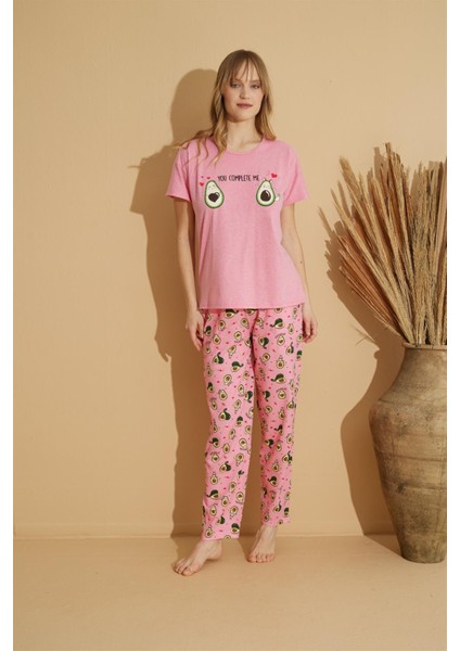 Kadın 2550-37 Kısa Kol Desenli Pijama Takımı Pembe