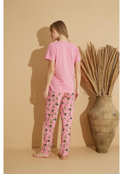 Kadın 2550-37 Kısa Kol Desenli Pijama Takımı Pembe