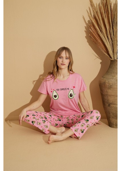 Kadın 2550-37 Kısa Kol Desenli Pijama Takımı Pembe