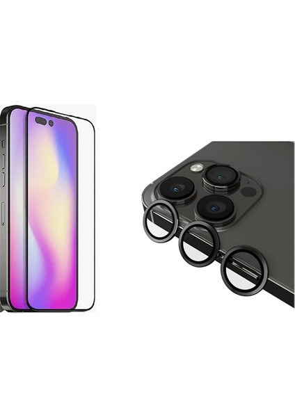 Psgt iPhone 14 Pro Uyumlu Tam Kapatan Tamperli Cam ve Derin Mor Kamera Lens Koruyucu Set
