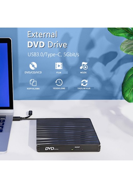 DVD Rw USB 3.0 Type-C Slim Harici CD DVD Yazıcı Okuyucu MacBook iMac WINDOWS11