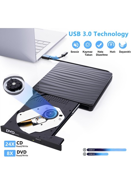 DVD Rw USB 3.0 Type-C Slim Harici CD DVD Yazıcı Okuyucu MacBook iMac WINDOWS11