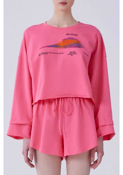 Desenli Crop Sweatshirt Pembe Y2154215_038