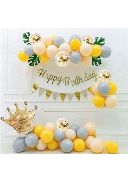 Taç Folyo Balon Set Happy Bırthday Kaligrafi Sarı Gri Somon Balon Zinciri Full Doğum Günü Set Balon modelleri
