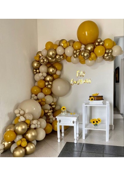 100 Adet Balon ve Balon Zinciri Zerdeçal Deniz Kumu ve Gold Krom Balon Konsept Balon