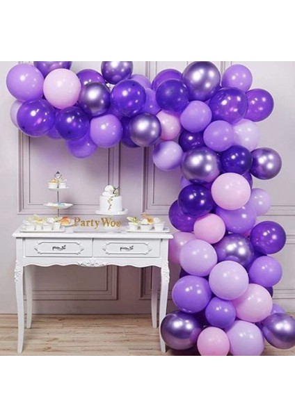 Yetişkin Doğum Günü Balon Parti Set Mor Renk Balon Set 100 Adet Balon ve Balon Zinciri