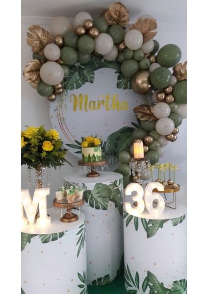 60 Adet Küf Yeşili Bej Gold Krom Balon Konsept Zincir Set
