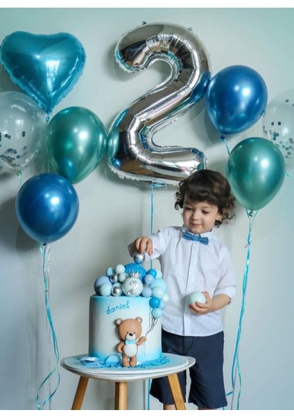 2 Yaş Doğum Günü Balon Set Gümüş Renk Folyo 2 Rakamı Mavi Yeşil Şeffaf Balon Konsept
