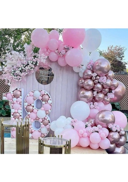 Makaron Pembe Krom Pembe Balon Zinciri Seti 100 Adet Balon ve Zincir