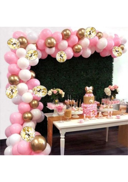 100 Adet Pembe Beyaz Şeffaf Gold Krom Balon ve Balon Zinciri