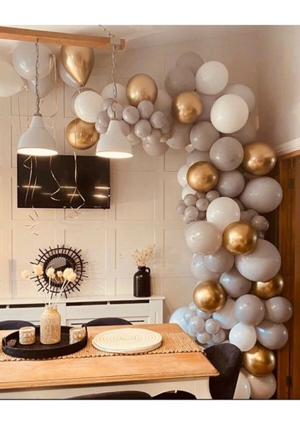 Meri 100 Adet Krom Gold Gri Beyaz Pastel Balon ve Balon Zinciri