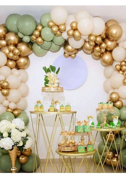 Küf Yeşili Beyaz Gold Krom Konseptli 100 Adet Balon ve Balon Zinciri