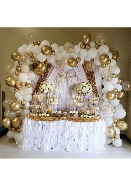Konfetili Balon Zinciri 100 Adet -Krom Gold Beyaz ve Şeffaf Gold