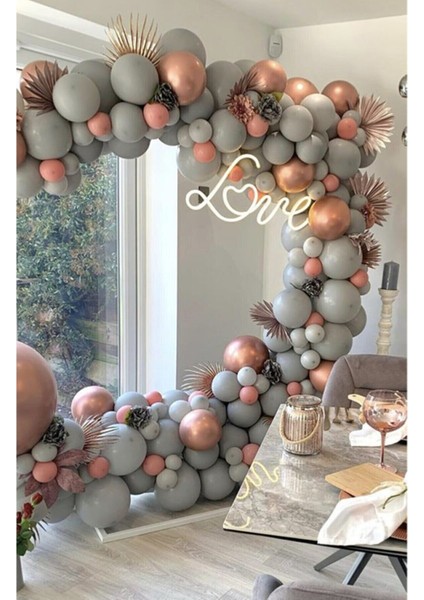 100 Adet Pastel Gri Makaron Pembe Krom Rose Balon ve Zinciri