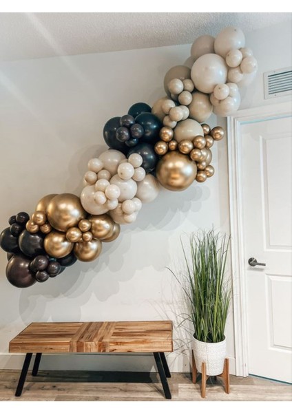 100 Adet Balon ve Balon Zinciri Deniz Kumu Siyah ve Gold Krom Balon Zinciri Doğum Günü Konsept