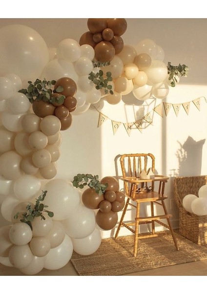 100 Adet Balon ve Balon Zinciri Pastel Renk Konsept Kahverengi Ten ve Beyaz Renk Balon Doğum Günü