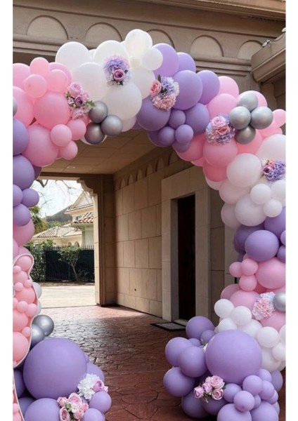 Pembe Lila Beyaz Krom Gümüş Balon ve Balon Zinciri