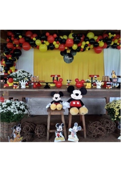 Mickey Mouse Konsept Balon ve Zinciri Parti Kırmızı Sarı Siyah 100 Adet Balon ve Zincir