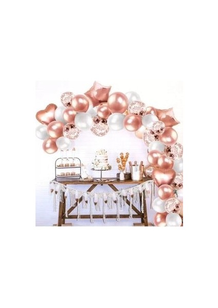Rose Gold Folyo Kalp Yıldız Balon Rose Konfetili Şeffaf ve Rose Gold, Beyaz Set