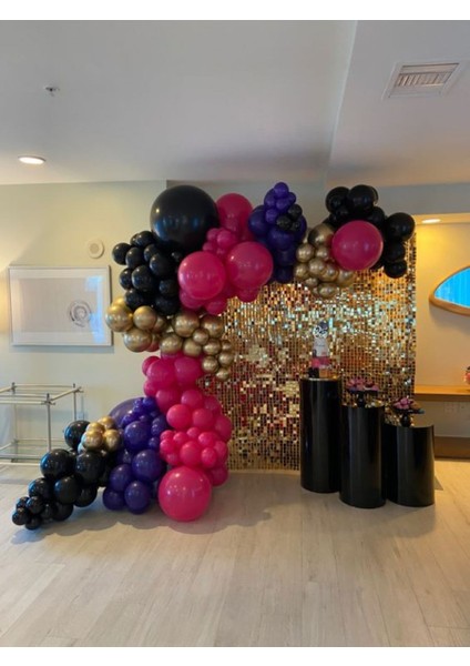 100 Adet Balon ve Balon Zinciri Siyah Fuşya Mor Gold Krom Balon Doğum Günü Konspt Balon