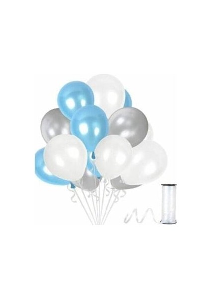 50 Adet Gümüş - Beyaz- Mavi Metalik Balon 3'lü Renk
