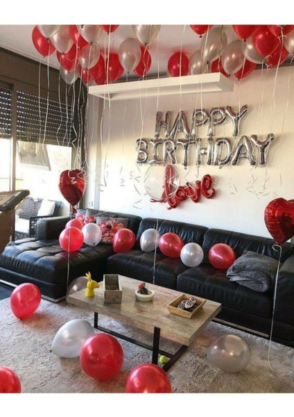 Kırmızı Gümüş Happy Bırthday Balon Seti (Sevgililer Seti )