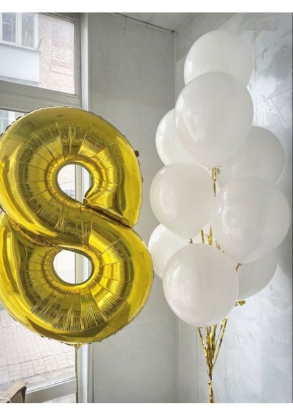 8 Yaş Doğum Günü 8 Folyo Balon ve 10 Adet Beyaz Lateks Balon