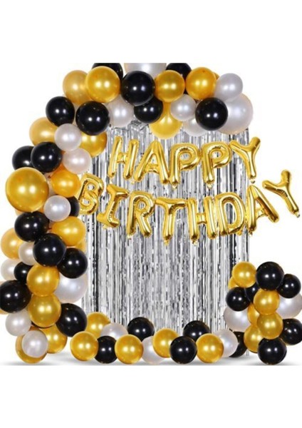 Yetişkin Doğum Günü Süsleri Seti Gold-Gümüş-Siyah Kombini Balon Konsept